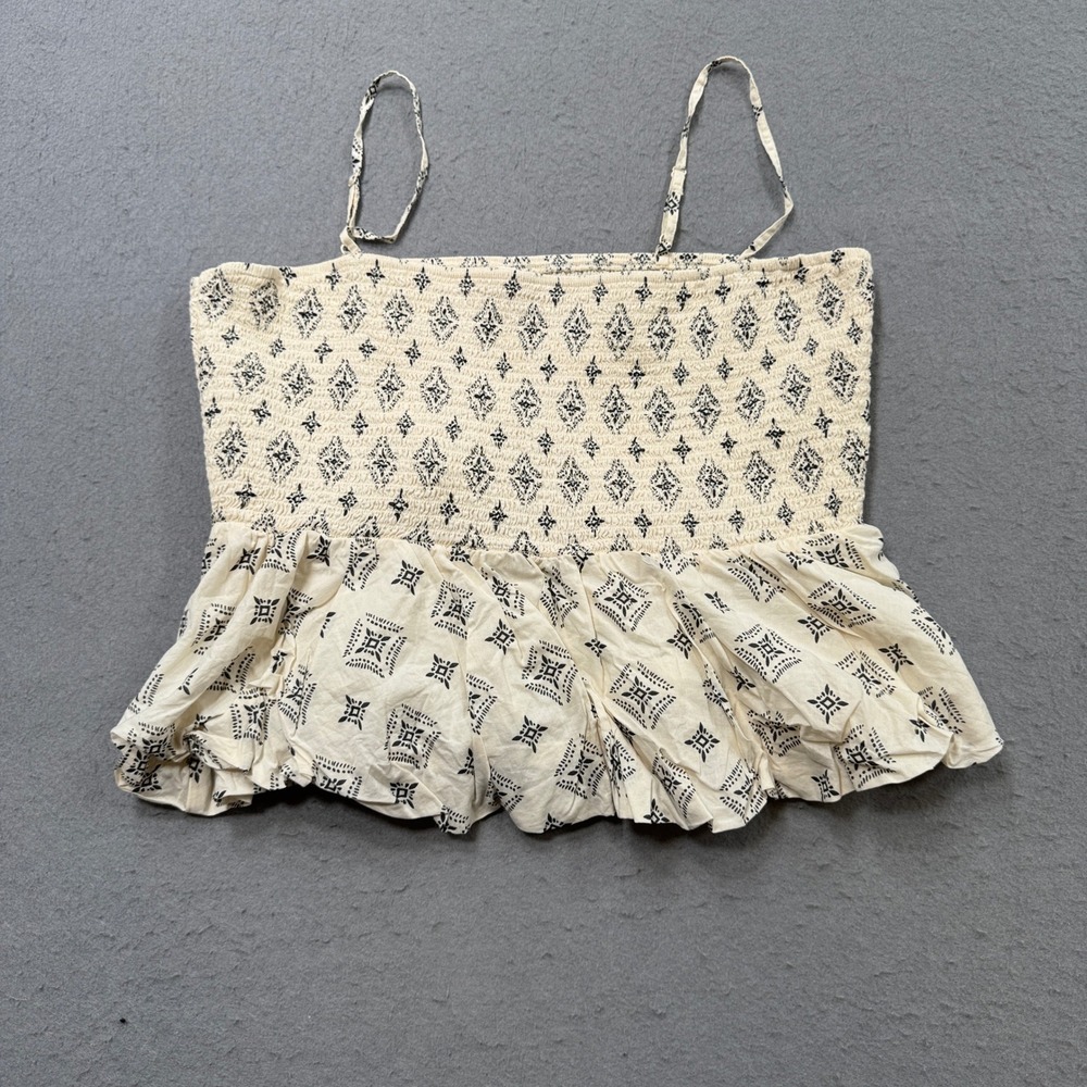 American Eagle Cami Women's XL White Black Geometric Smocked Peplum Strap Boho